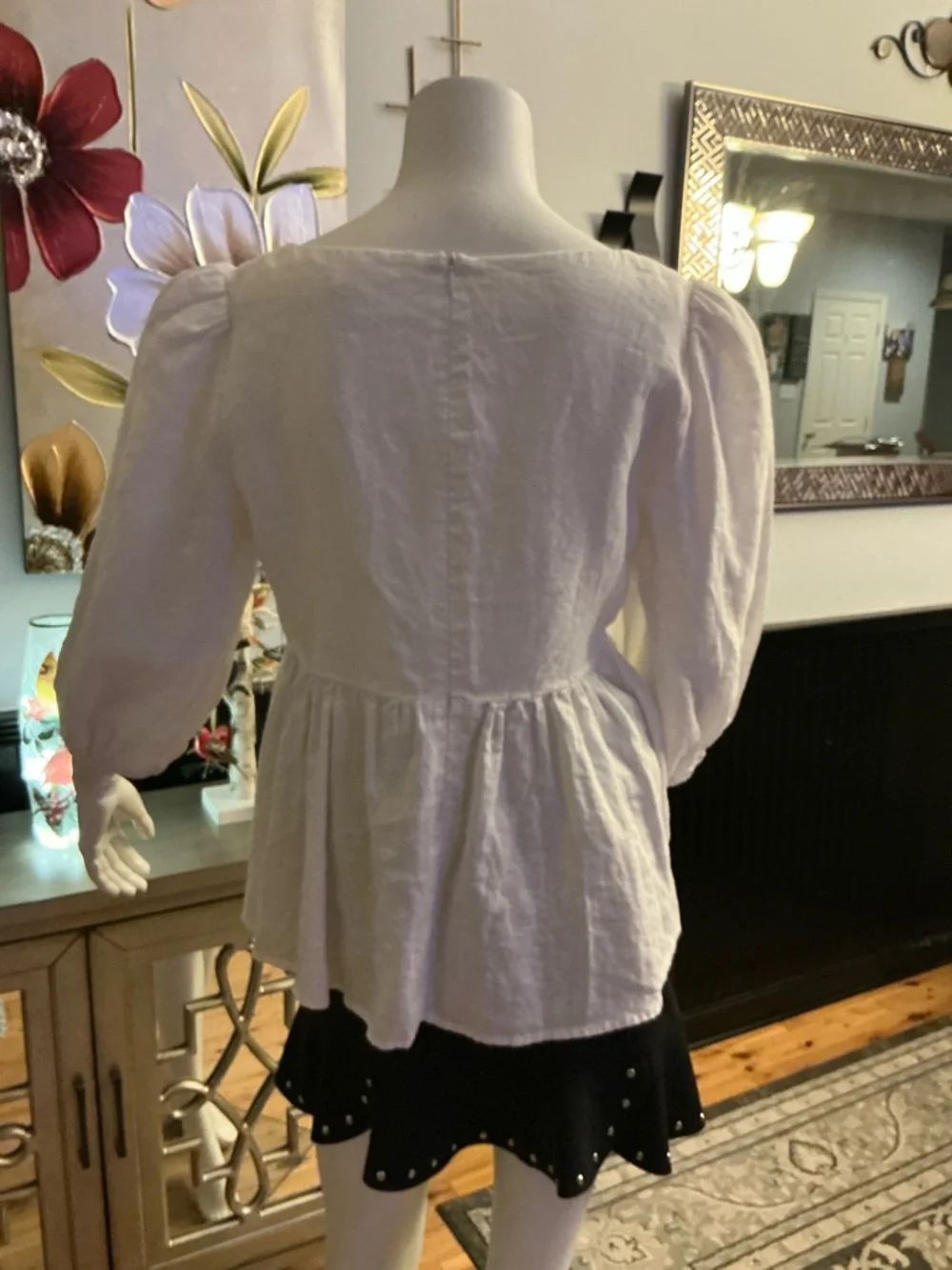 Reformation Linen White Puff-Sleeve Babydoll Top Lace-Up Bodice Boho Size 10